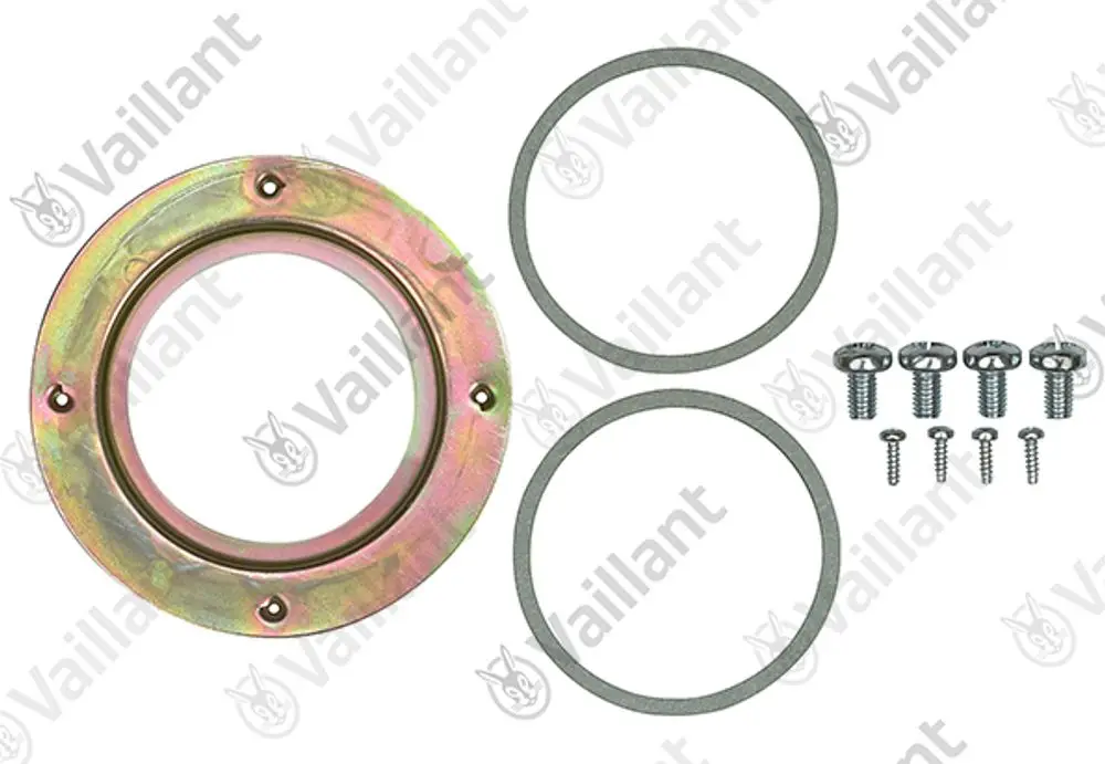 Vaillant-Zubehör bestehend aus einem runden Metallring, zwei Dichtungen und einer Reihe von Schrauben. Ideal zur Montage und Abdichtung in Heizsystemen.